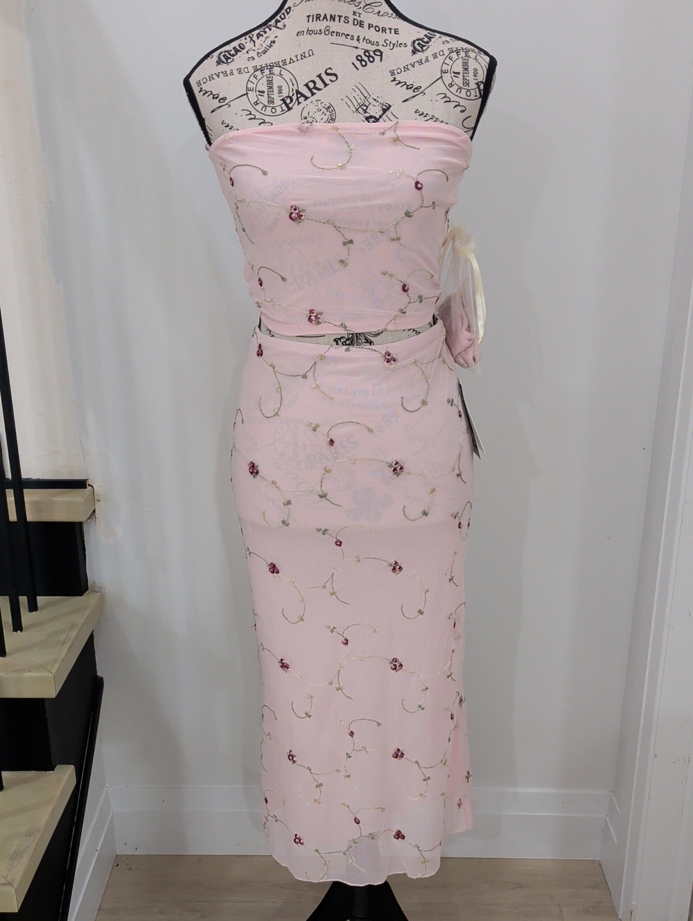 THIRTY/THIRTY | Women's Pink Two Piece Floral Mesh Tube Top & Midi Skirt Set